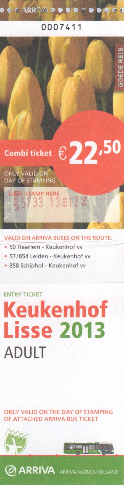ticket for Arriva bus and entrance to Keukenhof (2013)