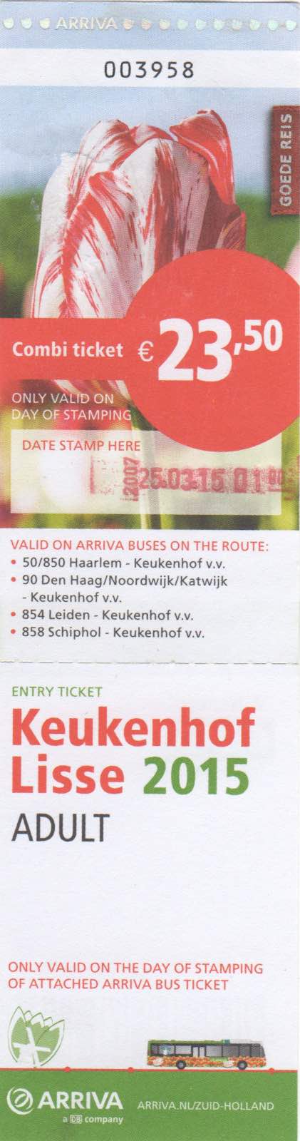 ticket for Arriva bus and entrance to Keukenhof (2015)