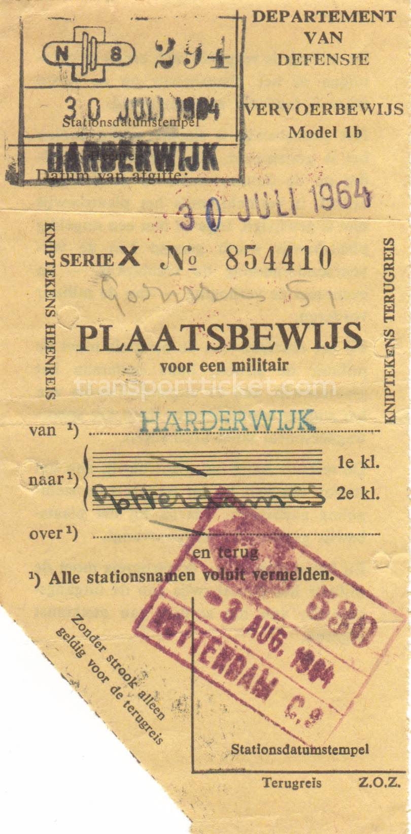transport ticket issued by Dutch Department of Defense (1964)