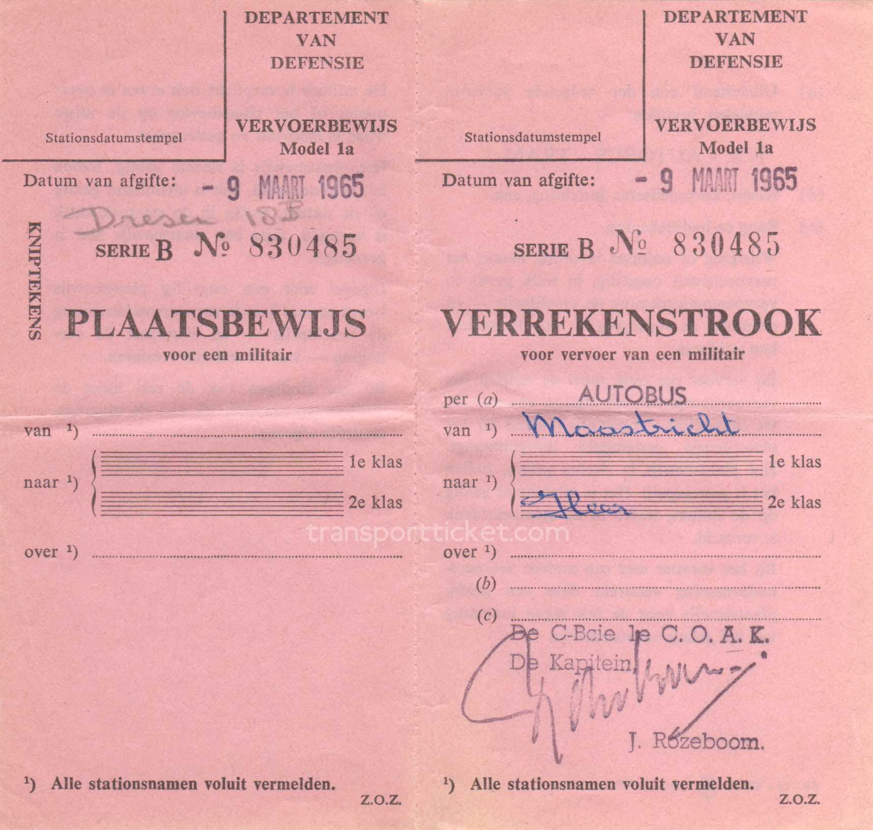 transport ticket issued by Dutch Department of Defense (1965)