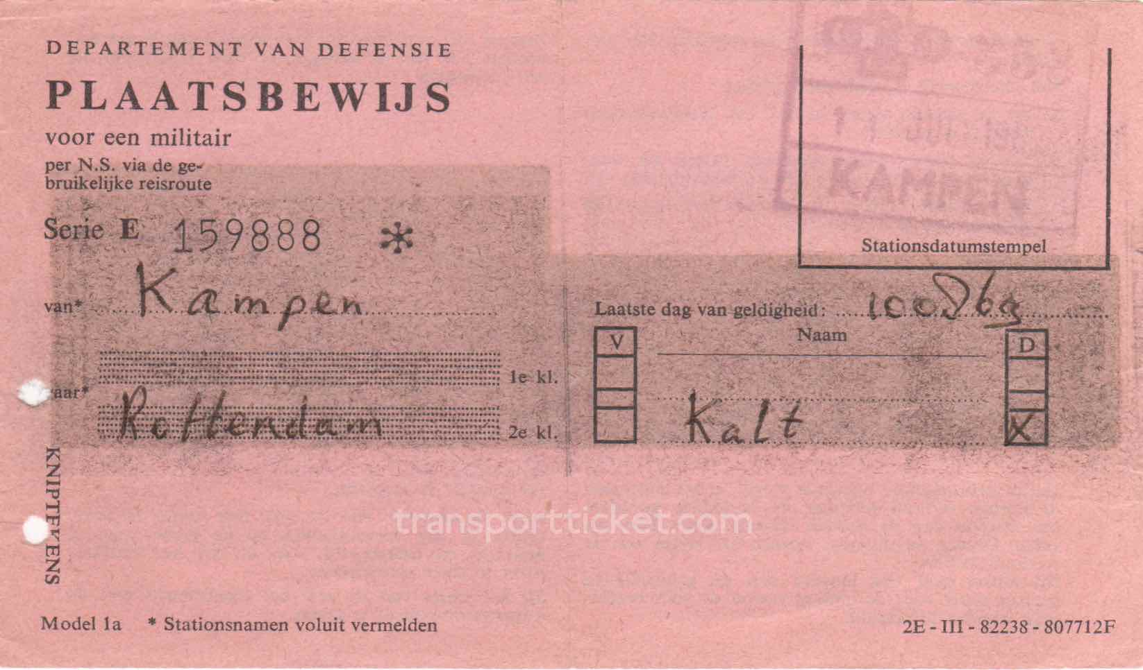 transport ticket issued by Dutch Department of Defense (1969)