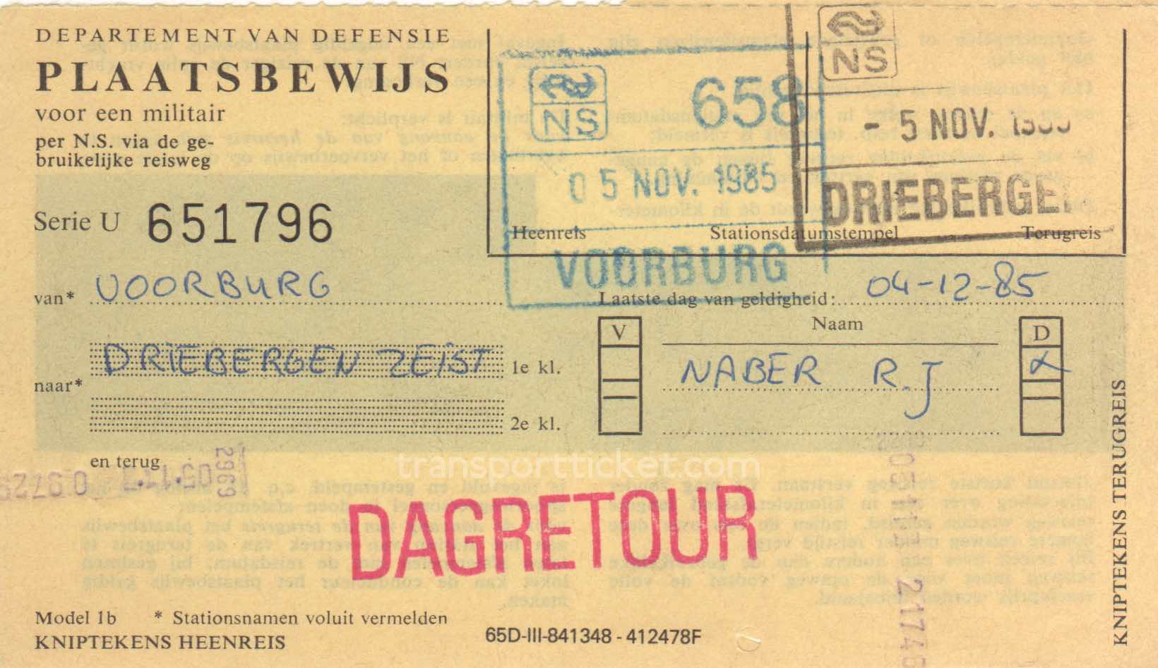 transport ticket issued by Dutch Department of Defense (1985)