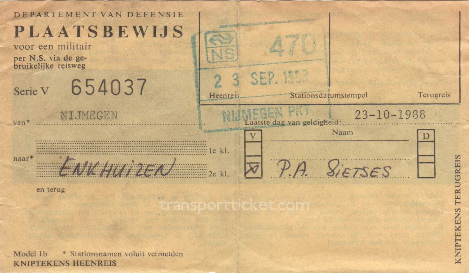 transport ticket issued by Dutch Department of Defense (1988)