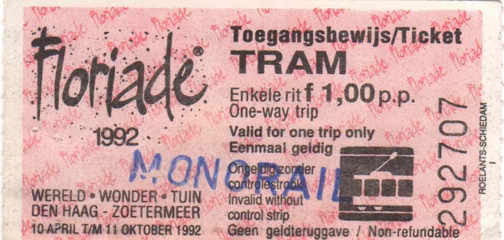 Onsite monorail ticket Floriade (1992)