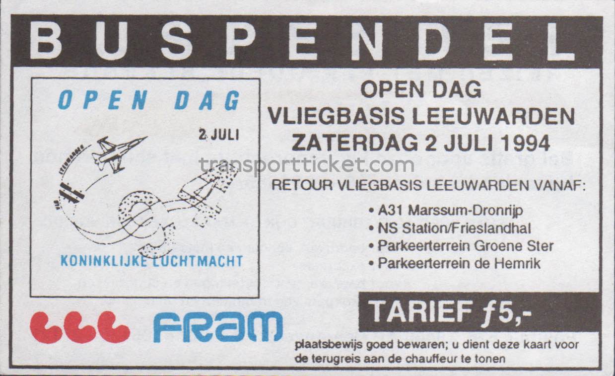 FRAM bus ticket Open day airforce base Leeuwarden (1994)