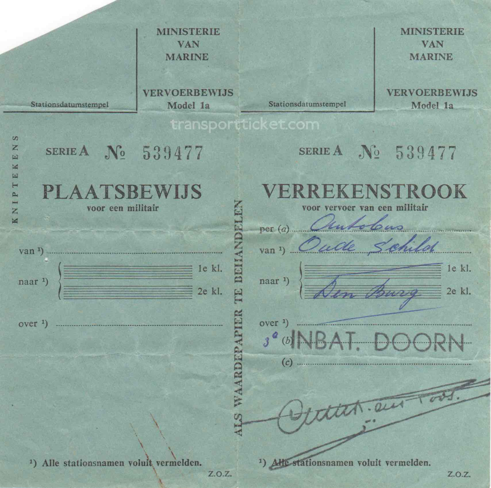 transport ticket issued by Dutch Ministry of Navy (1957)