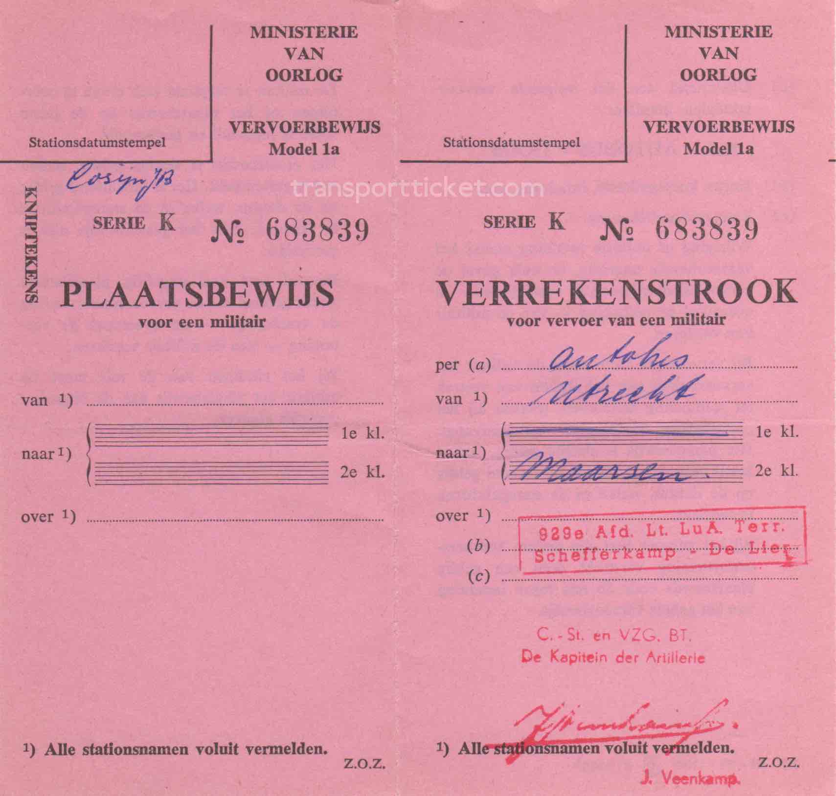 transport ticket issued by Dutch Ministry of War (1958)