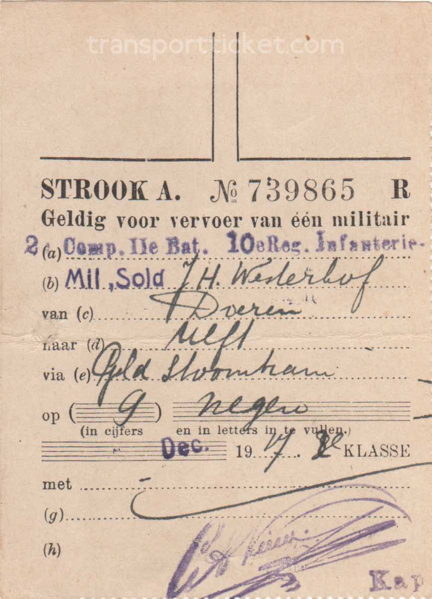 transport ticket issued by Dutch Ministry of War (1917)