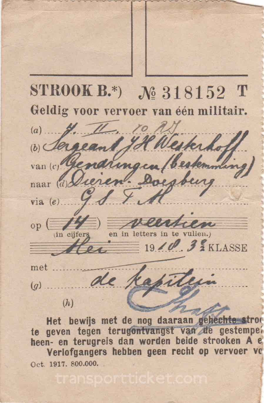 transport ticket issued by Dutch Ministry of War (1918)