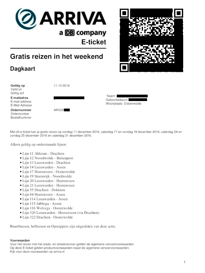 free day ticket for Arriva buses in the province of Friesland, The Netherlands (2016)