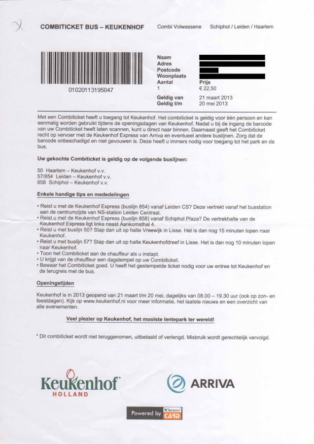 ticket for Arriva bus and entrance to Keukenhof (2013)