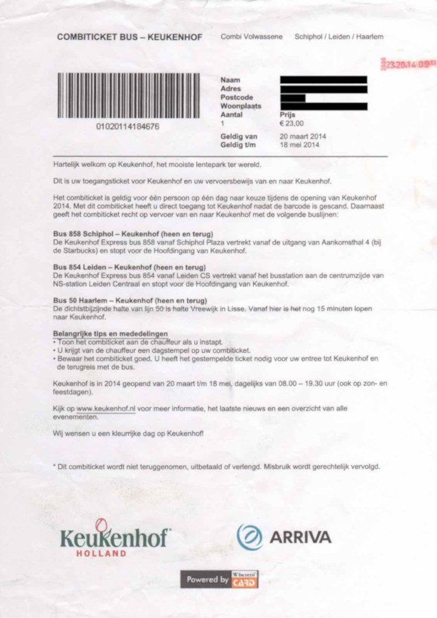 ticket for Arriva bus and entrance to Keukenhof (2014)