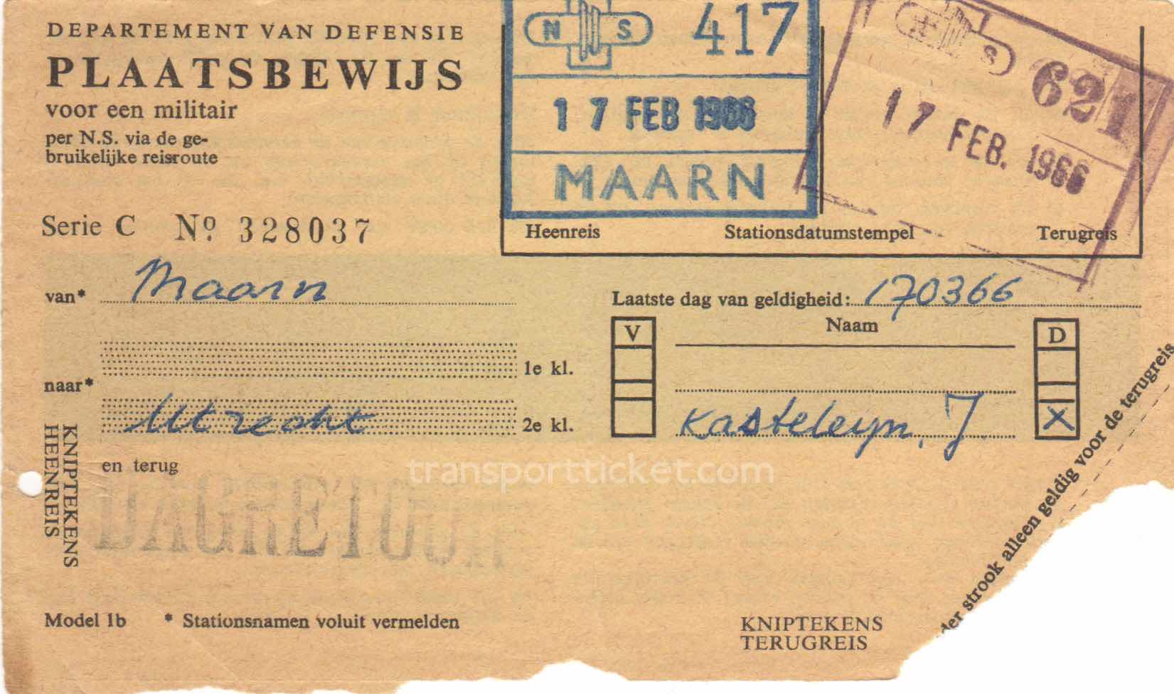 transport ticket issued by Dutch Department of Defense (1966)