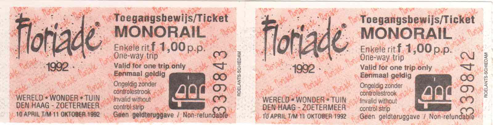 Onsite monorail ticket Floriade (1992)