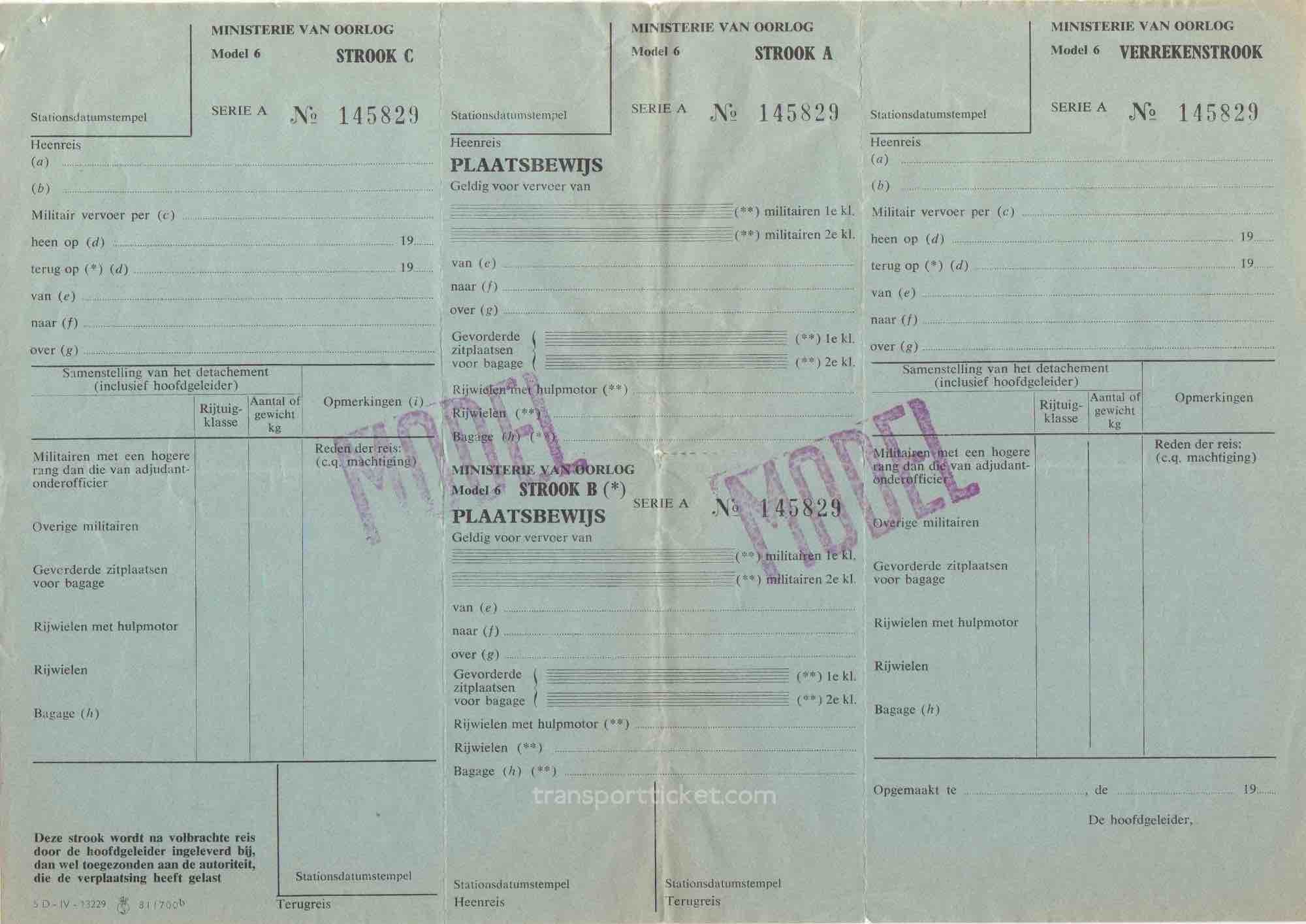 transport ticket issued by Dutch Ministry of War (1950's)