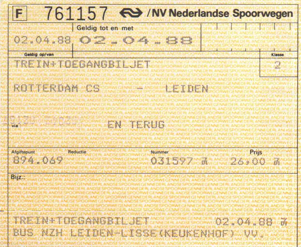 ticket for NS train, NZH bus and entrance to Keukenhof (1988)