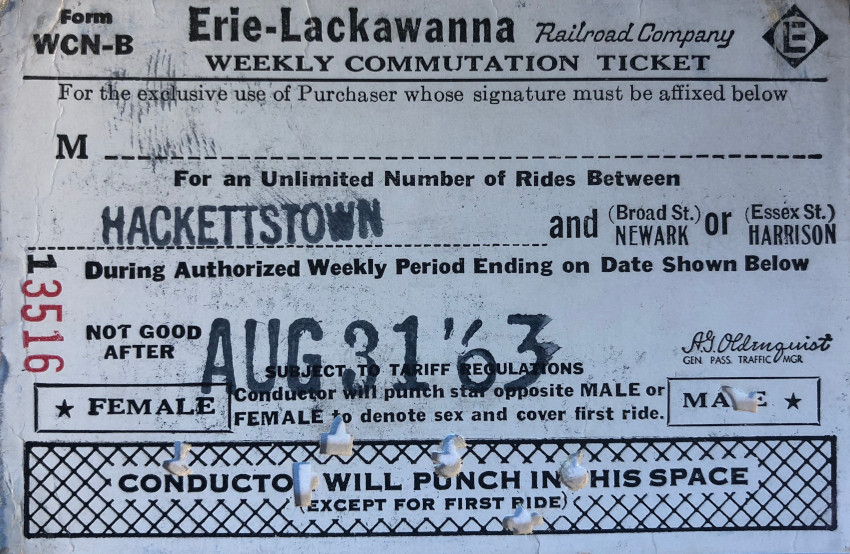 Erie Lackawanna Railroad weekly ticket between Hackettstown and Newark or Harrison (1963)